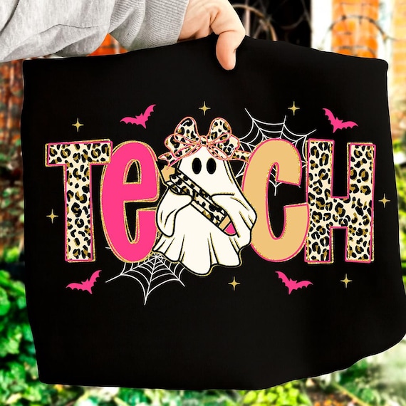 Spooky Teacher Halloween Png, Teacher Halloween Shirt Design Png, Pink Leopard Ghost Teacher Png, Trick Or Teach Png, Teacher Pencil Bow