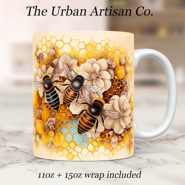 Yellow Honeycomb Floral Bee Mug Wrap 11oz and 15oz Mug Template, Mug Sublimation Design, Mug Wrap Template PNG, Digital Download PNG,