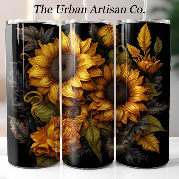 3D Yellow Sunflowers 20 oz Skinny Tumbler Sublimation Design, Instant Digital Download PNG,  Straight Tumbler Wrap