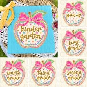 May include: A bright blue fabric square featuring a central apple-shaped graphic with a pink bow, gold glitter text reading kindergarten, and colourful polka dots. Additional apple graphics with text for pre-k through fourth grade are shown.