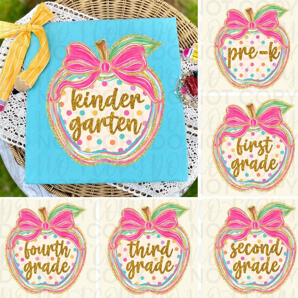 Preppy Back to School Teacher Apple PNG Bundle, Coquette First Day of School Shirt Design Colorful Polka Dot Pre-k 1st/2nd/3rd/4th/5th Grade