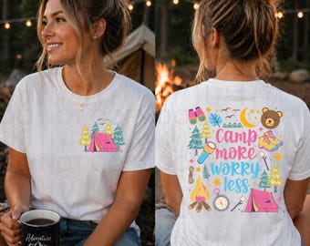Camp More Worry Less Png, Trendy Camping Front Back Shirt Design, Outdoor Summer Sublimation, Retro Distressed Camp Life Png