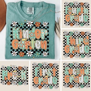 Back to School Bundle Png, Floral Teacher First Day of School Shirt Design, Girly Checkered Sublimation, Pre-K Kindergarten 1st Grade Png