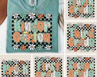Back to School Bundle Png, Floral Teacher First Day of School Shirt Design, Girly Checkered Sublimation, Pre-K Kindergarten 1st Grade Png