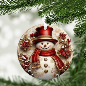 3D Red Gold Snowman Christmas Ornament Sublimation Design, Instant Digital Download,  Christmas Round Ornament PNG