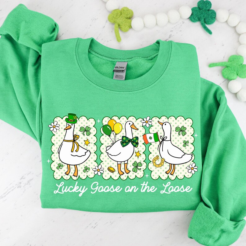 Peut inclure: Un sweat-shirt vert avec un motif de trois oies de dessin anim&eacute;, chacune avec des accessoires sur le th&egrave;me de la Saint-Patrick. Le texte "Lucky Goose on the Loose" est imprim&eacute; en dessous. Le sweat-shirt est en mati&egrave;re douce.