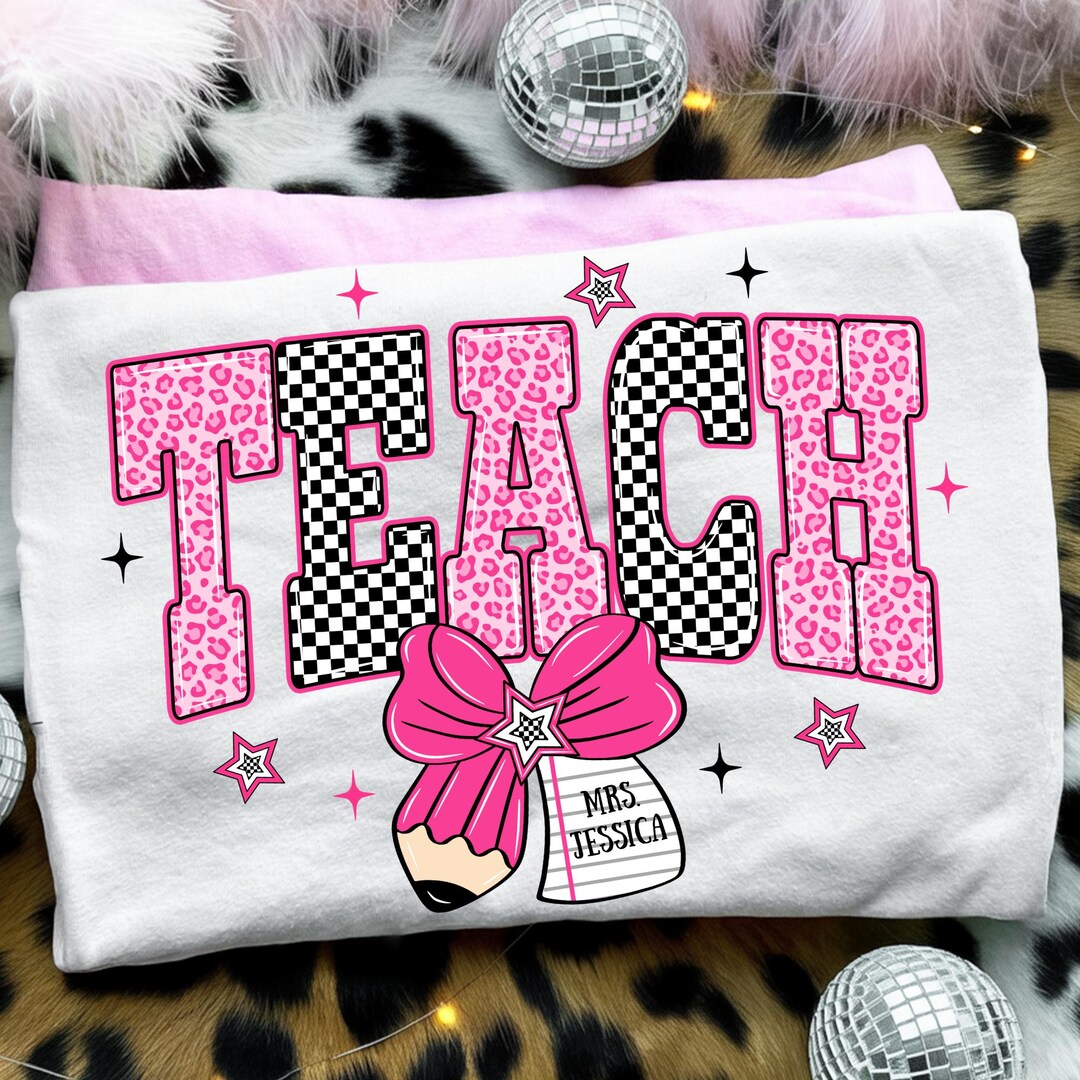 Pink Leopard Checkered Teach PNG, Coquette Teacher Pencil Bow ...