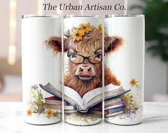 Highland Cow Books Flowers 20 oz Tumbler Wrap Sublimation Design, Instant Digital Download PNG, Straight Tumbler Wrap