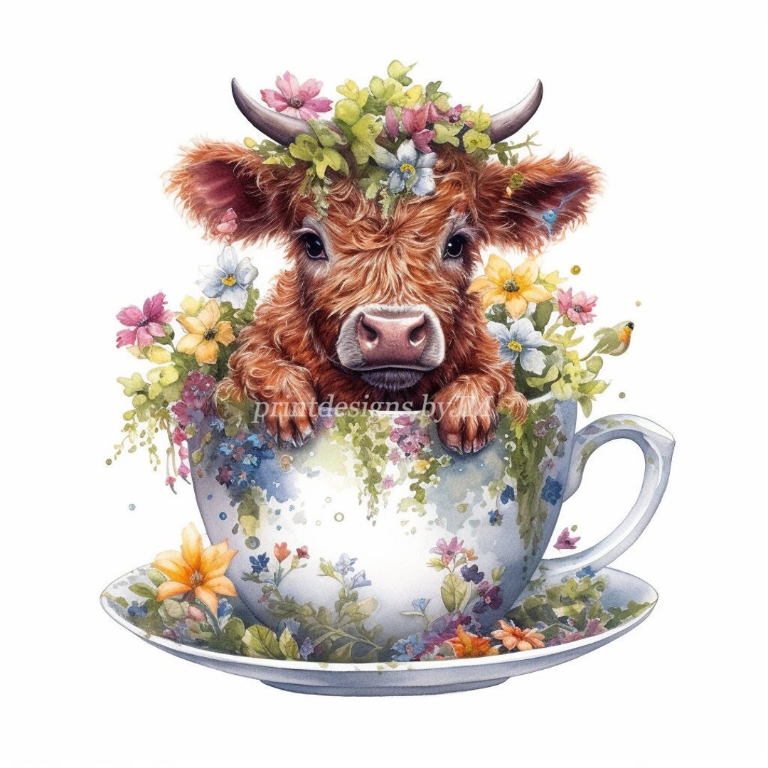 Watercolor Floral Teacup Highland Cow Sublimation PNG Cute Etsy