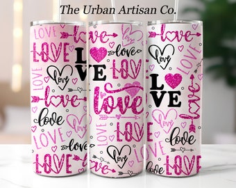 Glitter Valentines Day Love 20oz Skinny Tumbler Wrap, Diseño de sublimación, Descarga digital PNG, Pink Valentines Hearts Tumbler Wrap PNG