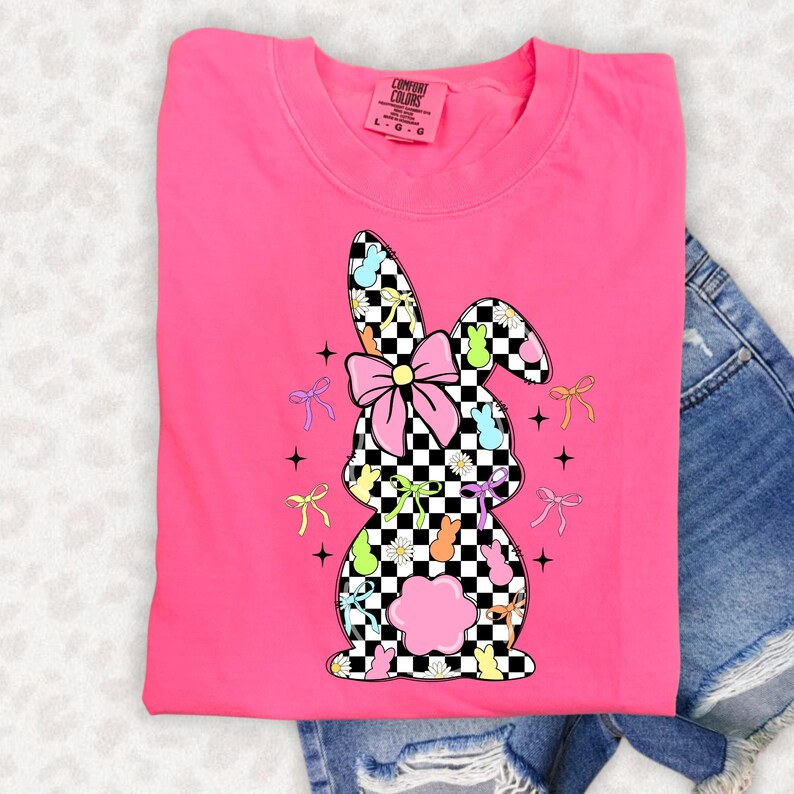 Retro Easter Bunny Coquette PNG, Happy Easter Png, Pink Easter Bow Png, Retro Checkered Easter Png, Floral Spring Png, Girls Pink Easter Png image 2