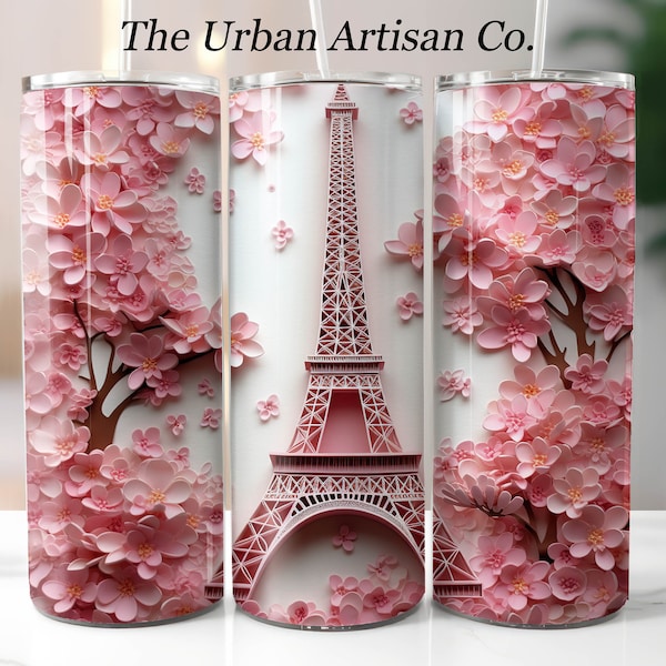 3D Pink Eiffel Tower 20 oz Skinny Tumbler Sublimation Design, Instant Digital Download PNG,  Straight Tumbler Wrap