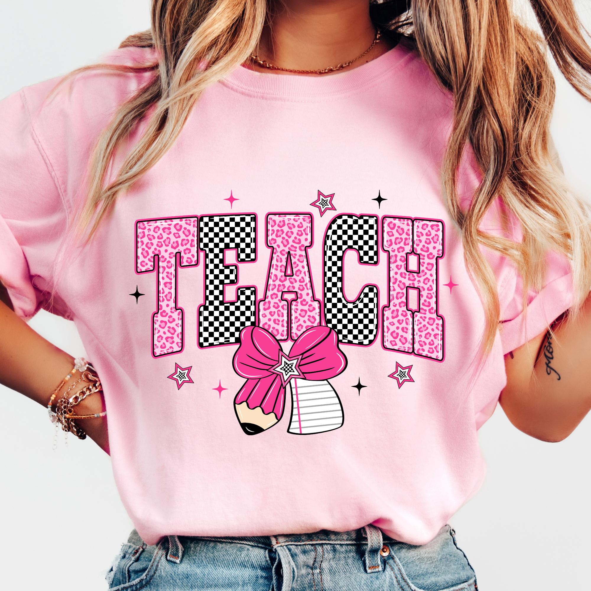 Pink Leopard Checkered Teach PNG, Coquette Teacher Pencil Bow ...
