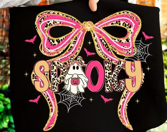 Adretter gruseliger Kokette Png, Girly Halloween Bogen-Shirt-Entwurf Png, rosa Leopard-Geist Png, Glitter-Herbst-Kürbis-Sublimation, niedlicher Geist-Png