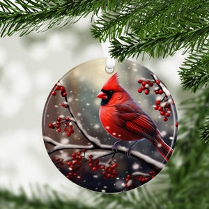 Snowy Red Cardinal Weihnachtsverzierung Sublimationsdesign, sofortiger digitaler Download, Weihnachtsrunde Verzierung PNG