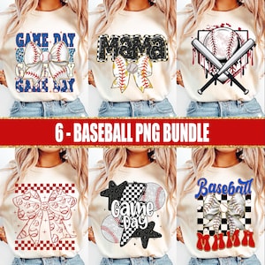 May include: A digital download bundle of six baseball-themed sublimation designs for t-shirts. The designs feature a variety of baseball-related elements, including baseballs, bats, bows, and the words "Game Day", "Mama", and "Baseball".