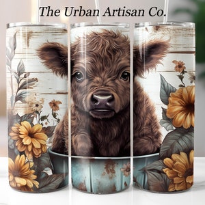 Baby Highland Cow In a Bucket 20 oz Tumbler Wrap Boho Flowers Digital Download PNG Sublimination Design