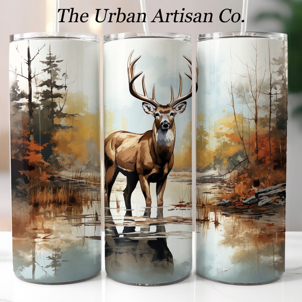 Buck Deer with reflection 20 z Skinny Tumbler Sublimation Design, Digital Download PNG,  Tumbler Wrap for Men, Whitetail Deer Tumbler Wrap,