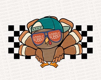 Gobble Gobble Boy Turkey Png, Design de chemise pour Thanksgiving, Bambin Png, Sublimation pour Thanksgiving, Damier rétro, Ambiance d&#39;automne png