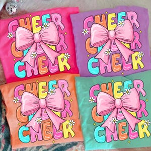 Cheer Coquette Bow Png, Preppy Cheer Mom Shirt Sublimation, Colorful Cheerleader Png, Floral Cheer Pom Pom Png, Girly Cheer Season Png