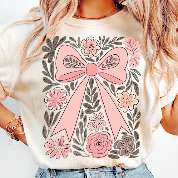 Boho Floral Pink Coquette Bow Png, Preppy Floral Wildflowers PNG, Cottagecore Flowers Png, Trendy Womens Shirt Design, Girly Summer Png