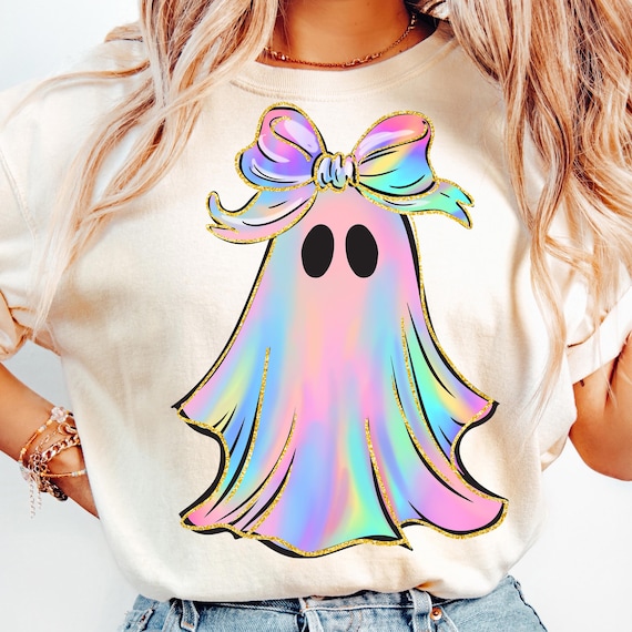 Iridescent Ghost Png, Coquette Halloween Ghost Bow Png, Cute Pink Ghost Shirt Design, Neon Spooky Season png, Preppy Halloween Sublimation