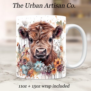 Baby Highland Cow Mug Wrap, 11oz and 15oz Mug Sublimation Design, Instant Digital Download PNG, Cow Mug Wrap Design
