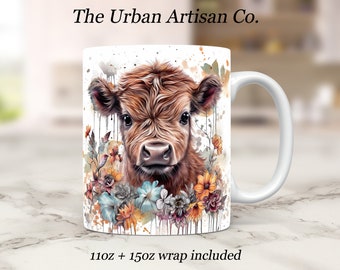 Baby Highland Cow Mug Wrap, 11oz and 15oz Mug Sublimation Design, Instant Digital Download PNG, Cow Mug Wrap Design