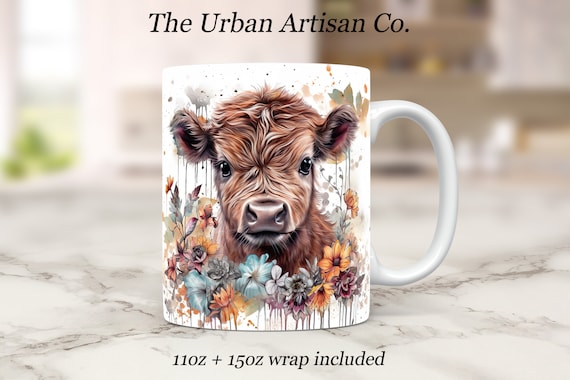 Baby Highland Cow Mug Wrap, 11oz and 15oz Mug Sublimation Design, Instant Digital Download PNG, Cow Mug Wrap Design