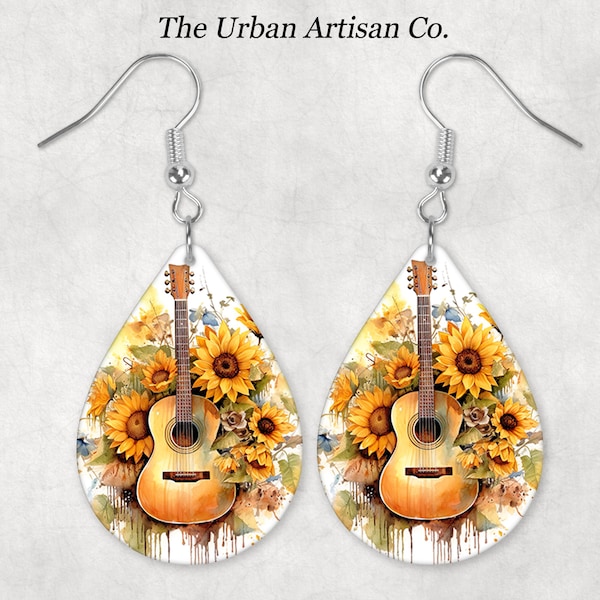 Western Sunflowers Guitar Teardrop Earring Sublimation Design, Instant Digital Download PNG, Drop Earring Design