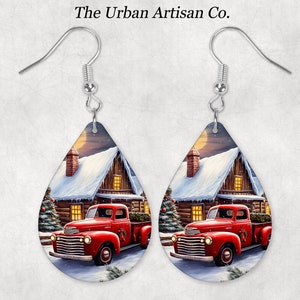 Christmas Red Vintage Truck Teardrop Earring Sublimation Design, Instant Digital Download PNG, Drop Earring Design