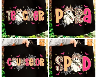 Spooky Teacher Halloween Png Bundle, Para Counselor Halloween Shirt Png, Pink Leopard Ghost Teacher Png, Trick or Teach, Teacher Pencil Bow