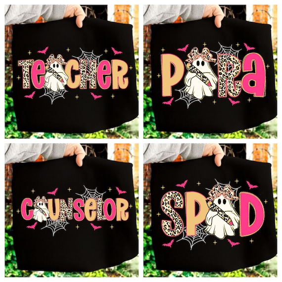 Spooky Teacher Halloween Png Bundle, Para Counselor Halloween Shirt Png, Pink Leopard Ghost Teacher Png, Trick Or Teach, Teacher Pencil Bow
