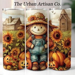 Fall Scarecrow  20 oz Skinny Tumbler Sublimation Design, Instant Digital Download PNG,  Sunflower Tumbler Wrap