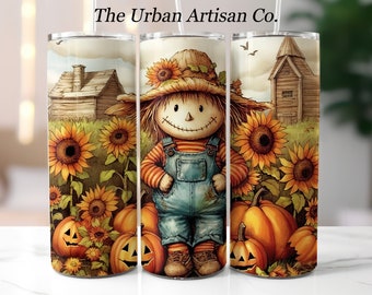 Fall Scarecrow  20 oz Skinny Tumbler Sublimation Design, Instant Digital Download PNG,  Sunflower Tumbler Wrap