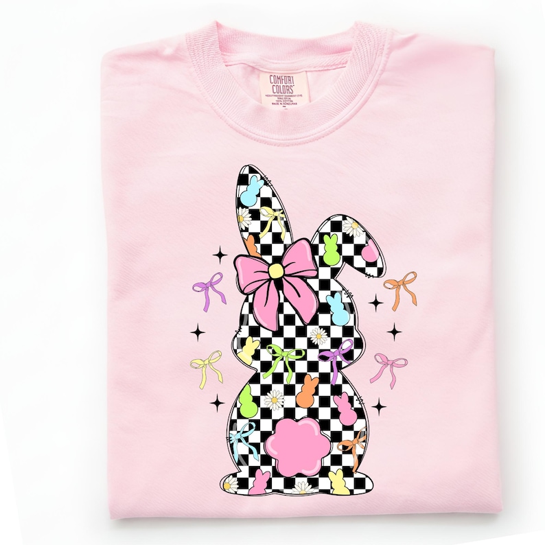 Retro Easter Bunny Coquette PNG, Happy Easter Png, Pink Easter Bow Png, Retro Checkered Easter Png, Floral Spring Png, Girls Pink Easter Png image 1
