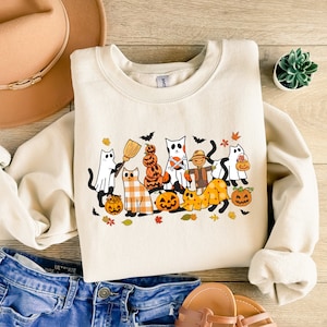 黒猫ハロウィンPng、ゴースト猫Png、ハロウィンPng、ハロウィン猫シャツ、秋Png、レトロハロウィンPng、不気味な季節Png、面白いハロウィン