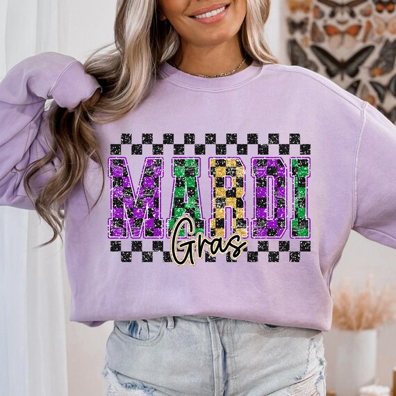 Retro Checkered Mardi Gras PNG, Glitter Mardi Gras Varsity Png