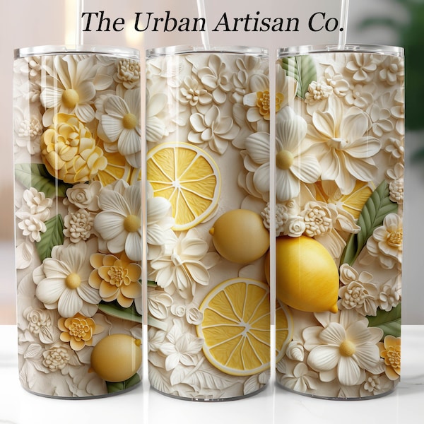 3D White Lemon Fruit and Flowers 20 oz Skinny Tumbler Sublimation Design, Instant Digital Download PNG,  Straight Tumbler Wrap