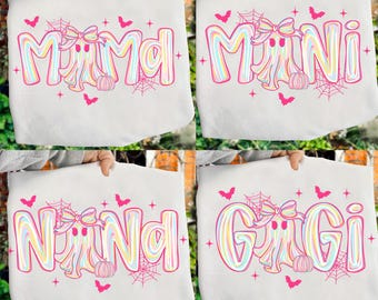 Preppy Pink Halloween Mama Png Bundle, Halloween Ghost Coquette Png, Spooky Season Png,  Girly Ghost Bow Sublimation Mama Mini Nana Gigi Png