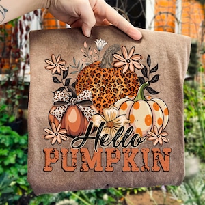 May include: A brown t-shirt featuring a fall-themed design. The design includes pumpkins with leopard print and polka dots, flowers, and the text "Hello PUMPKIN" in orange. The shirt is held up by a hand.