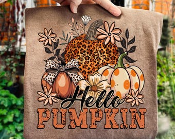 Hello Pumpkin Png, Boho Floral Fall Leopard Pumpkin Png, Boho Pumpkin Coquette Png, Vintage Autumn Shirt Design, Pumpkin Spice Sublimation