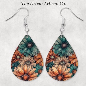 Boho Floral Madeliefjes Teardrop Earring Sublimation Design, Instant Digital Download PNG, Drop Earring Design