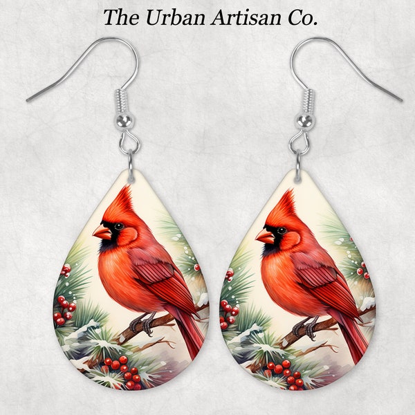 Snowy Red Cardinal Bird Teardrop Earring Sublimation Design, Instant Digital Download PNG, Drop Earring Design