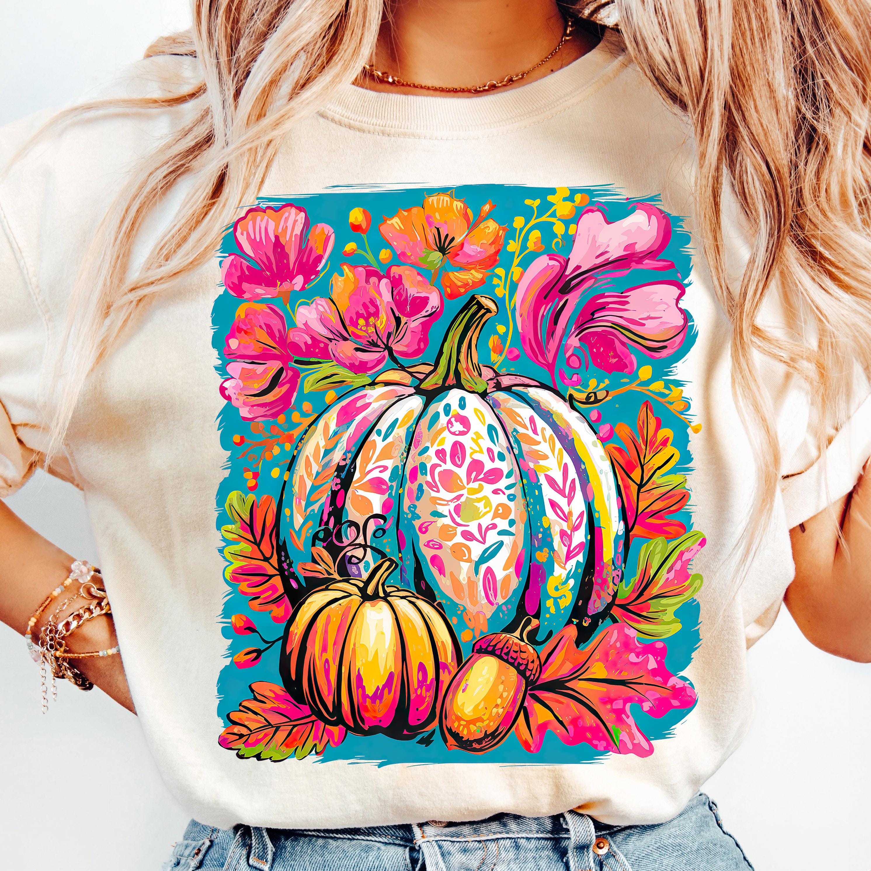Fleurs d'automne citrouilles Png, Sublimation de chemise d'automne florale bohème, ambiance girly d'automne Png, coup de pinceau automne preppy Png, saison citrouille rose Png