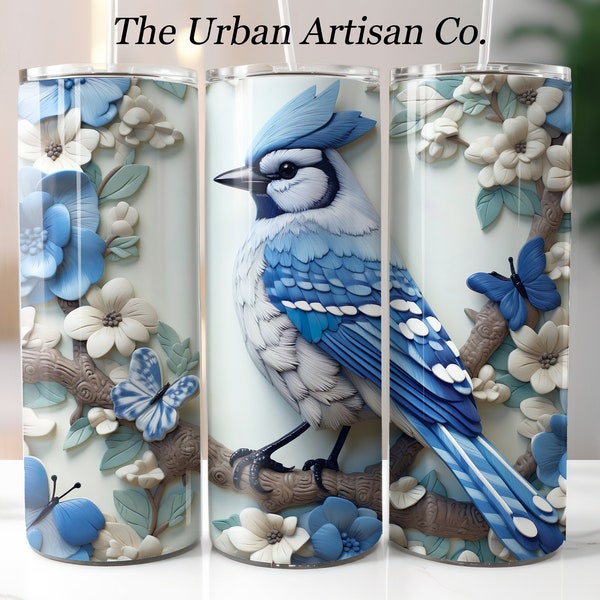 3D Blue Jay Bird Flowers 20 oz Skinny Tumbler Sublimation Design, Instant Digital Download PNG,  Straight Tumbler Wrap