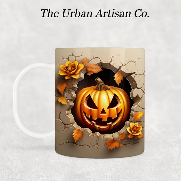 3D Pumpkin Hole in Wall 11 oz Mug Sublimation Design, Instant Digital Download PNG, Halloween Mug Wrap Design