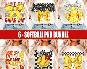 Pode incluir: Um conjunto de seis designs digitais com gráficos temáticos de softball. Os designs incluem uma bola de softball com um laço, as palavras "Game Day", "Mama" e "Softball Mama", e um design floral com as palavras "Game Day".