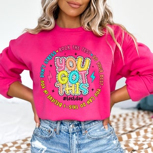 May include: A bright pink sweatshirt with the phrase "YOU GOT THIS" in a colorful, bubble-letter design. The design includes the words "Rock the Test" and "Do Your Best" in a circular pattern around the main text. The hashtag "#testday" is also included.