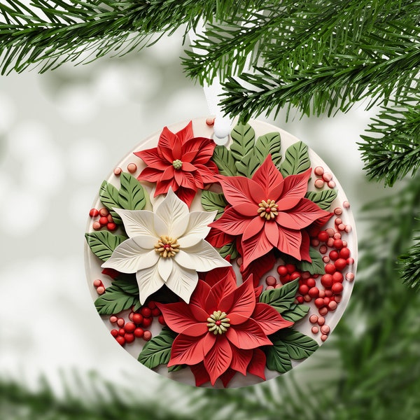 3D Christmas Poinsetta Ornament Sublimation Design, Instant Digital Download,  Christmas Round Ornament PNG